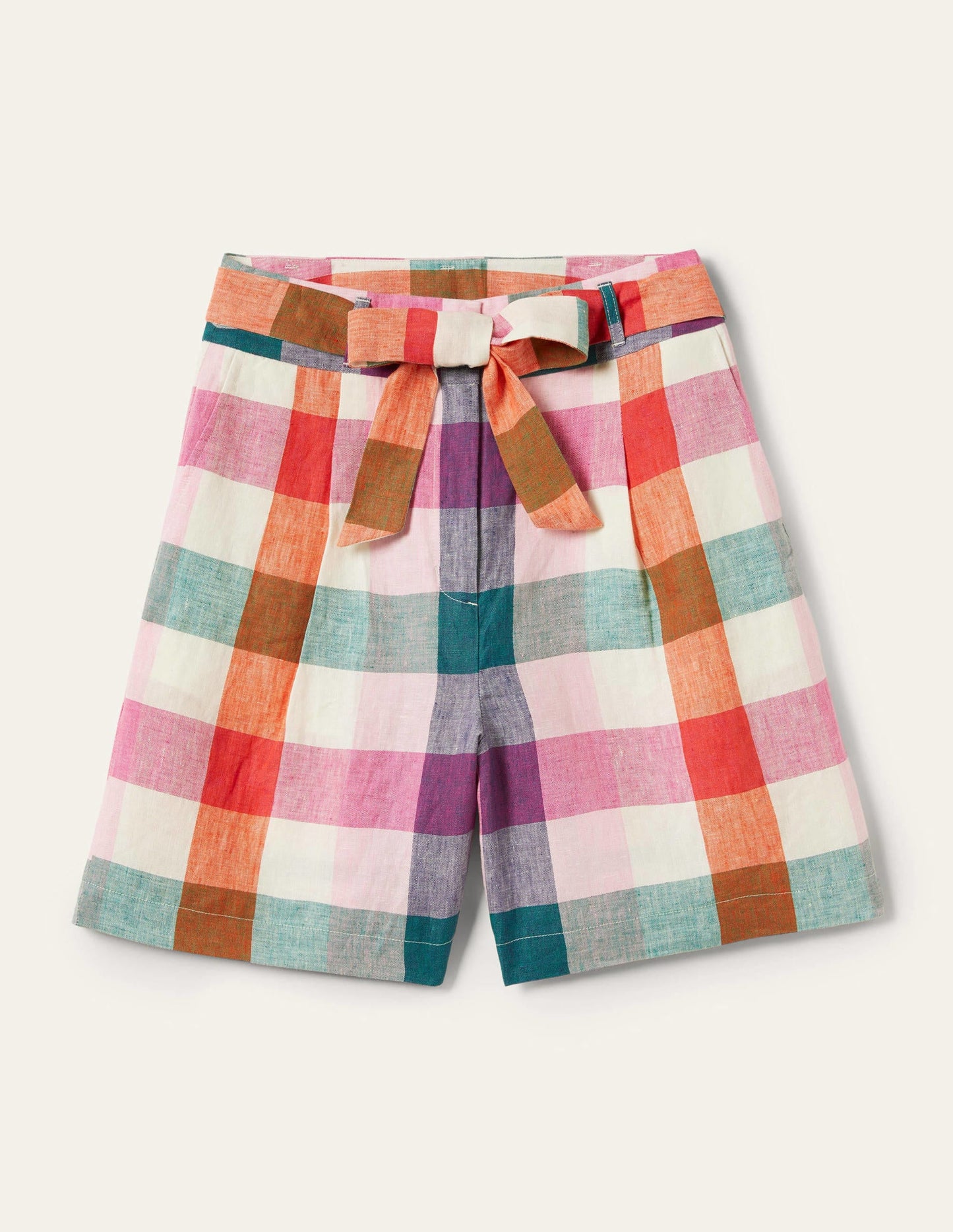Alma Tie Waist Linen Shorts-Bonbon Pink, Flambe Check
