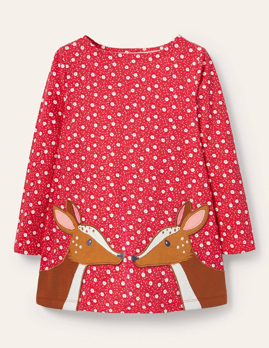 Appliqué Pocket Tunic-Floral Ditsy Rose Deer