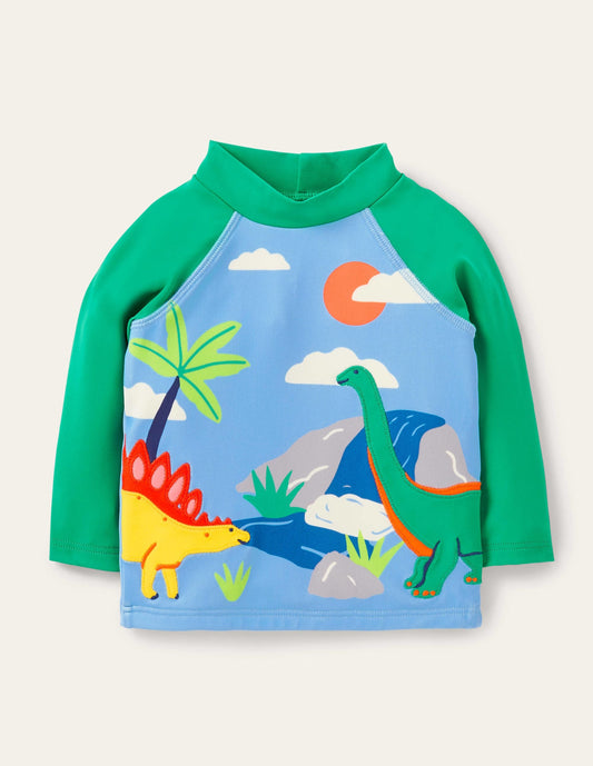 Appliqué Rash Guard-Surfboard Blue Dino Scene