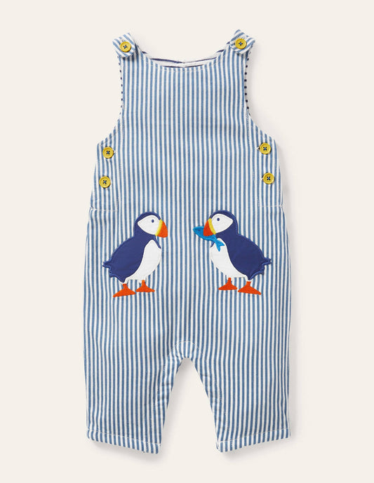 Appliqué Woven Romper-Ivory/Elizabethan Blue Puffins