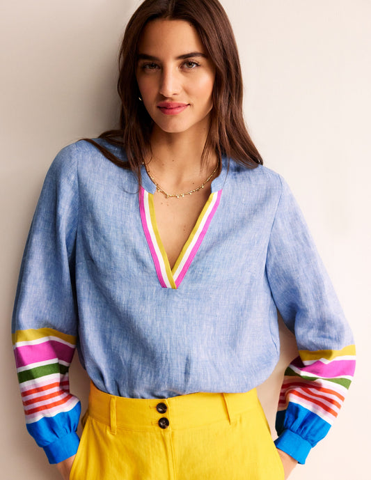 Alice Linen Top-Blue and Varigated Multistripe