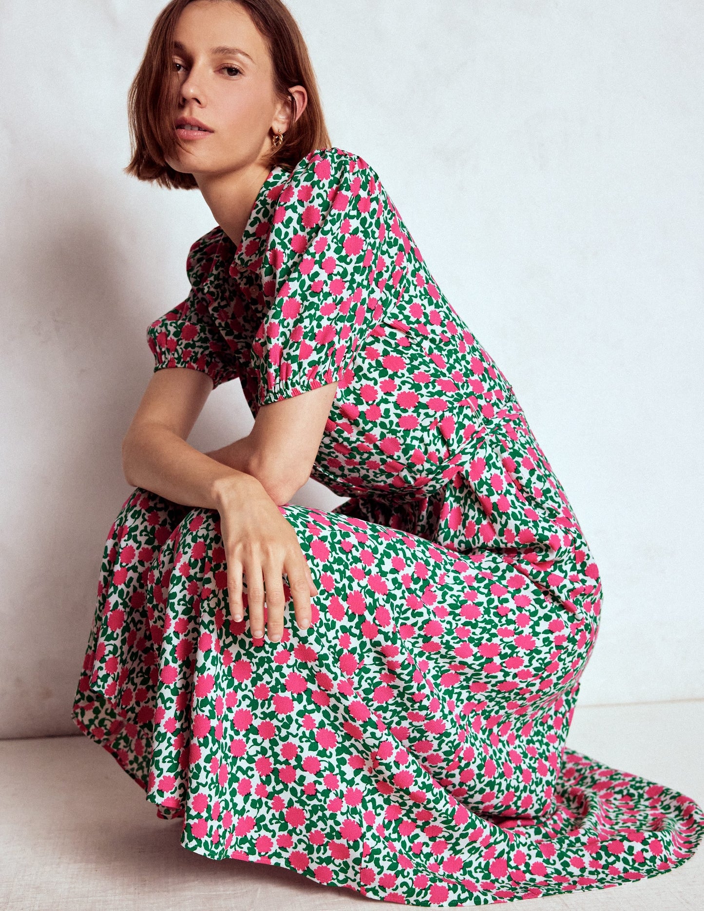 Alegra Midi Shirt Dress-Pink Ribbon, Floweret Vine