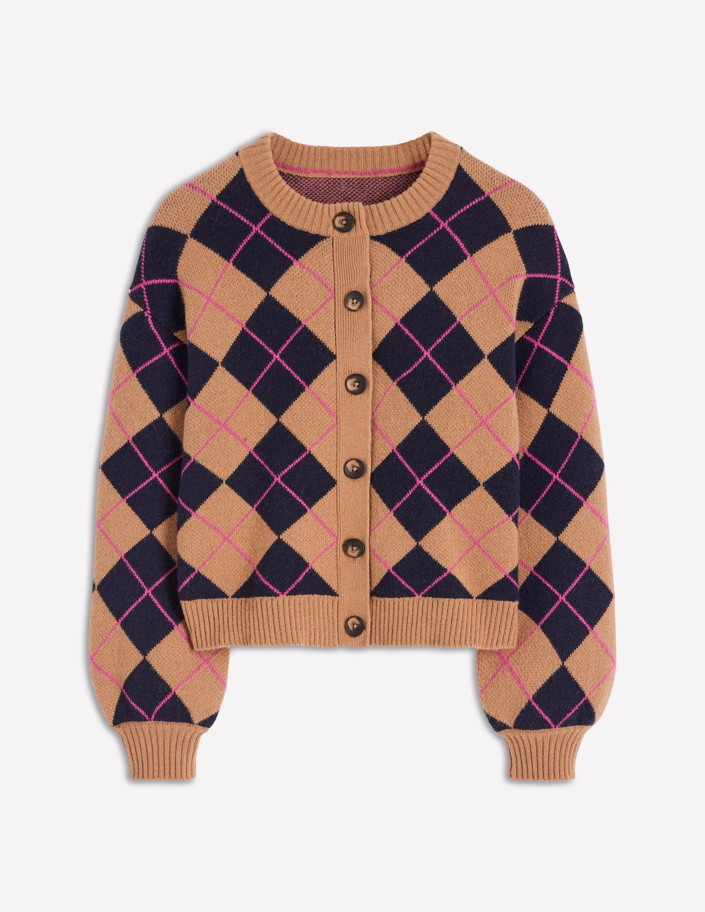 Abi Jacquard Cardigan-Camel, Navy Argyle