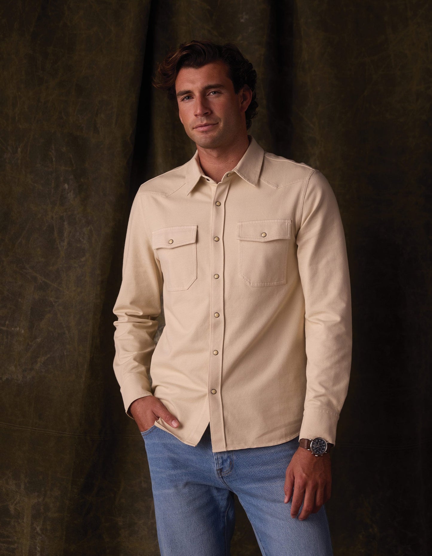 Tentoma Stretch Vintage Button Up in Bone