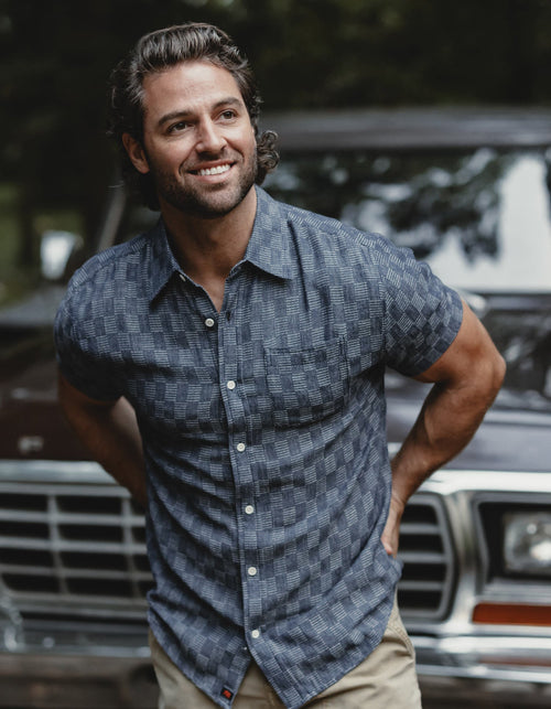 Freshwater Short Sleeve Button Up Shirt in Summer Navy Check