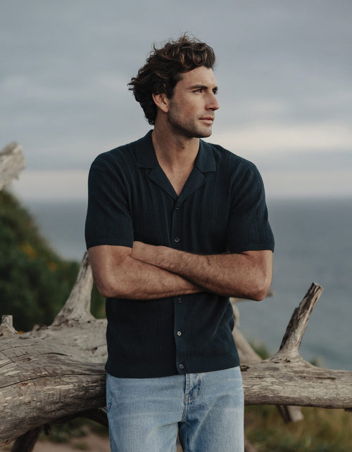Robles Textured Knit Camp Button Up in Dark Oasis